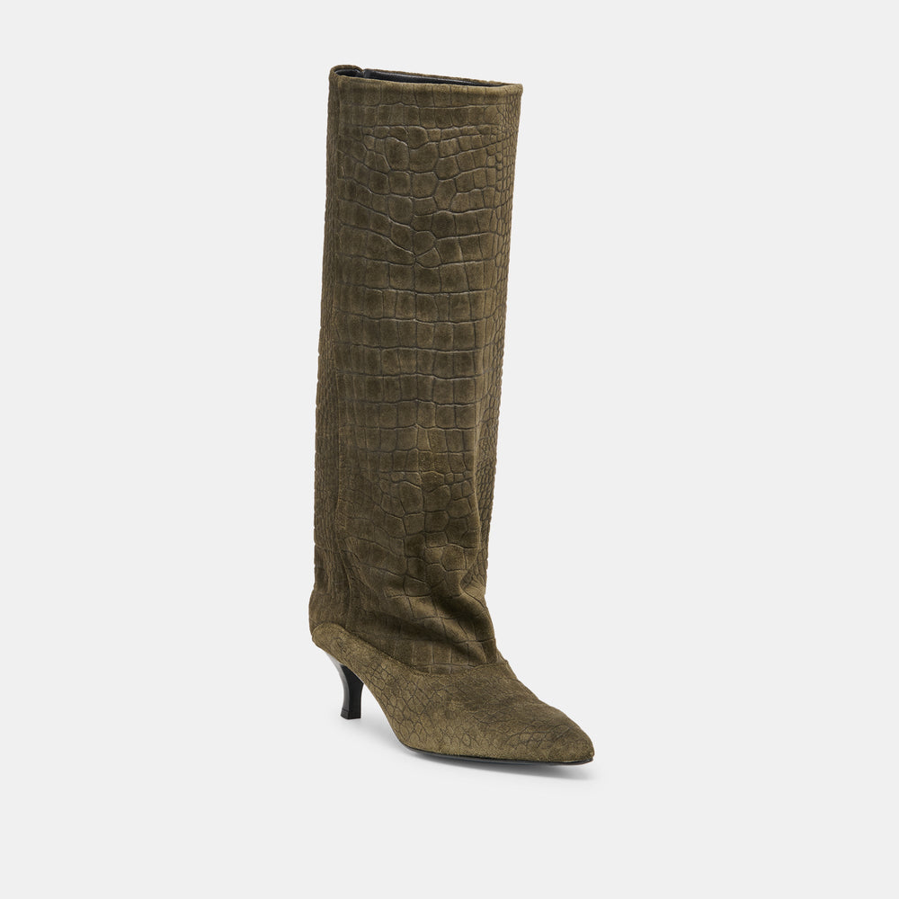Roxla Olive Croco Embossed Leather Boots / Dolce Vita