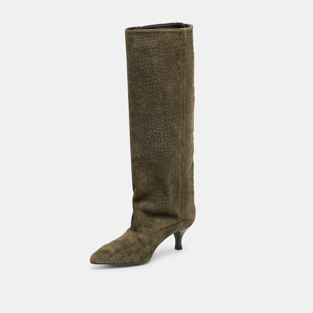 Roxla Olive Croco Embossed Leather Boots / Dolce Vita