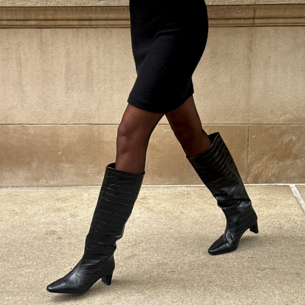 Trixi Noir Croco Embossed Leather Boots / Dolce Vita