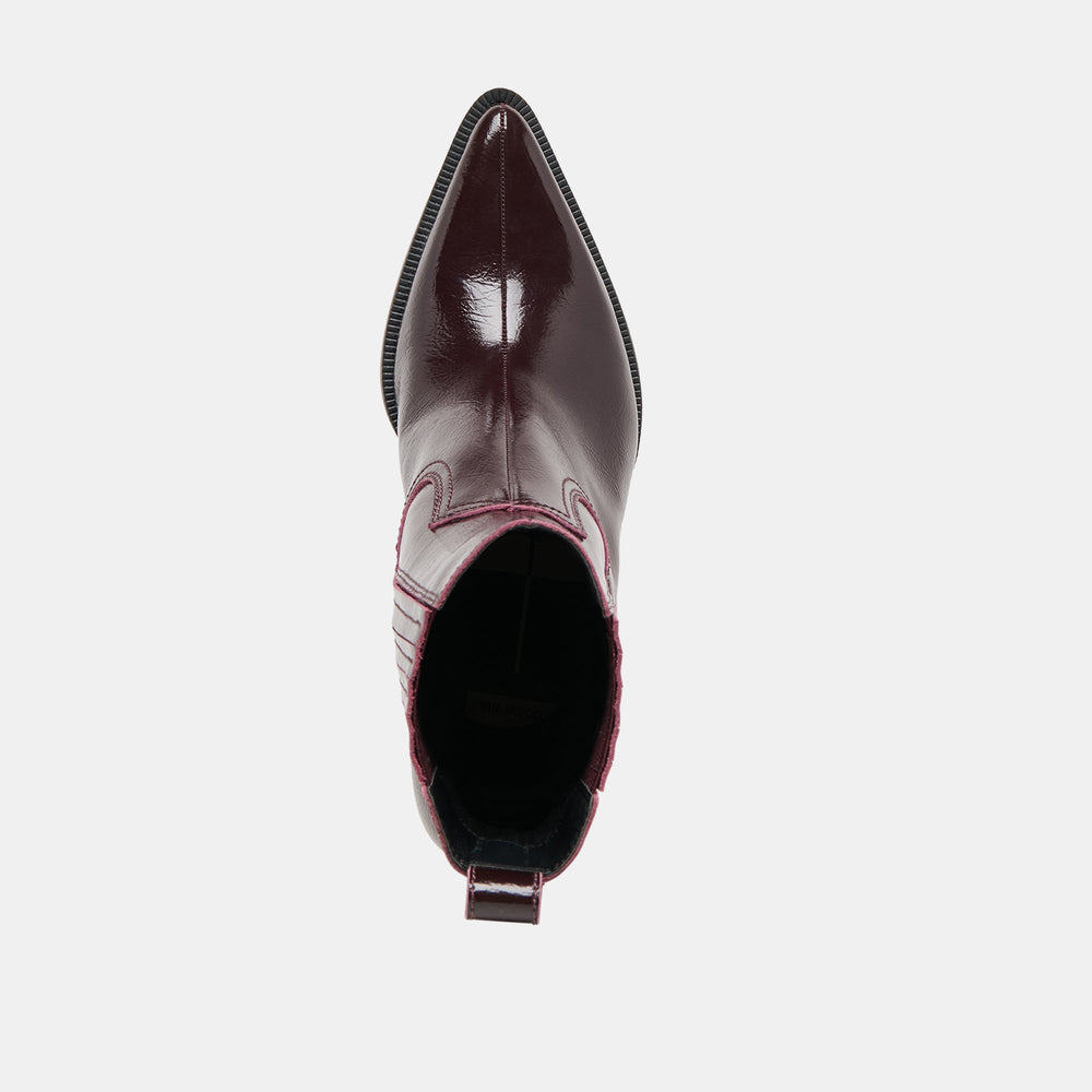 Slim Mulberry Crinkle Patent Booties / Dolce Vita