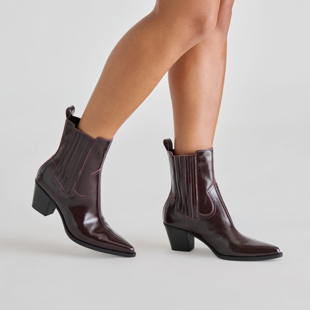 Slim Mulberry Crinkle Patent Booties / Dolce Vita