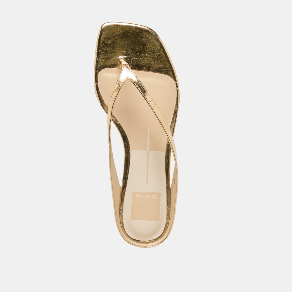 GIZEL Gold Crinkle Patent Thong Square-Toe Sandals / Dolce Vita