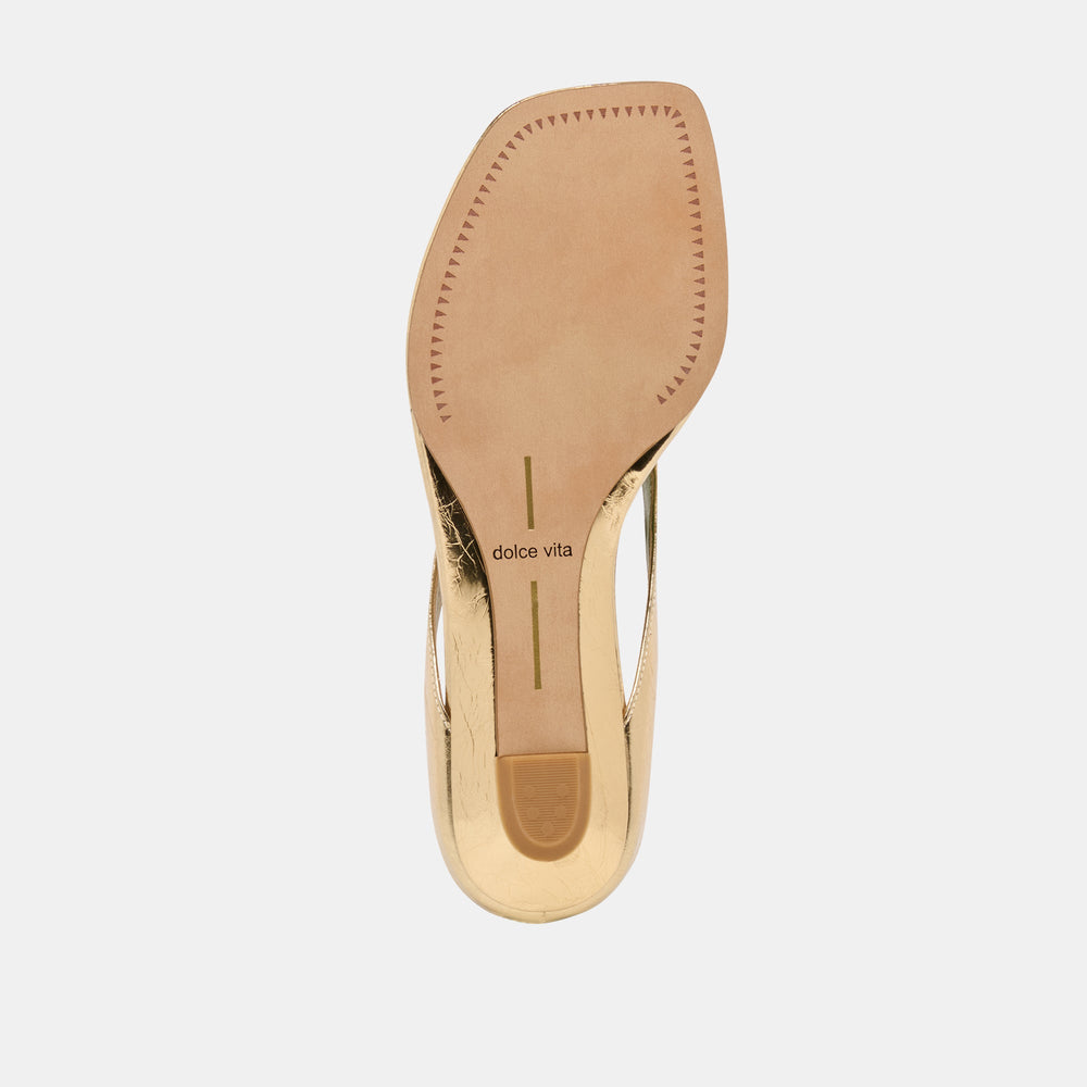 GIZEL Gold Crinkle Patent Thong Square-Toe Sandals / Dolce Vita