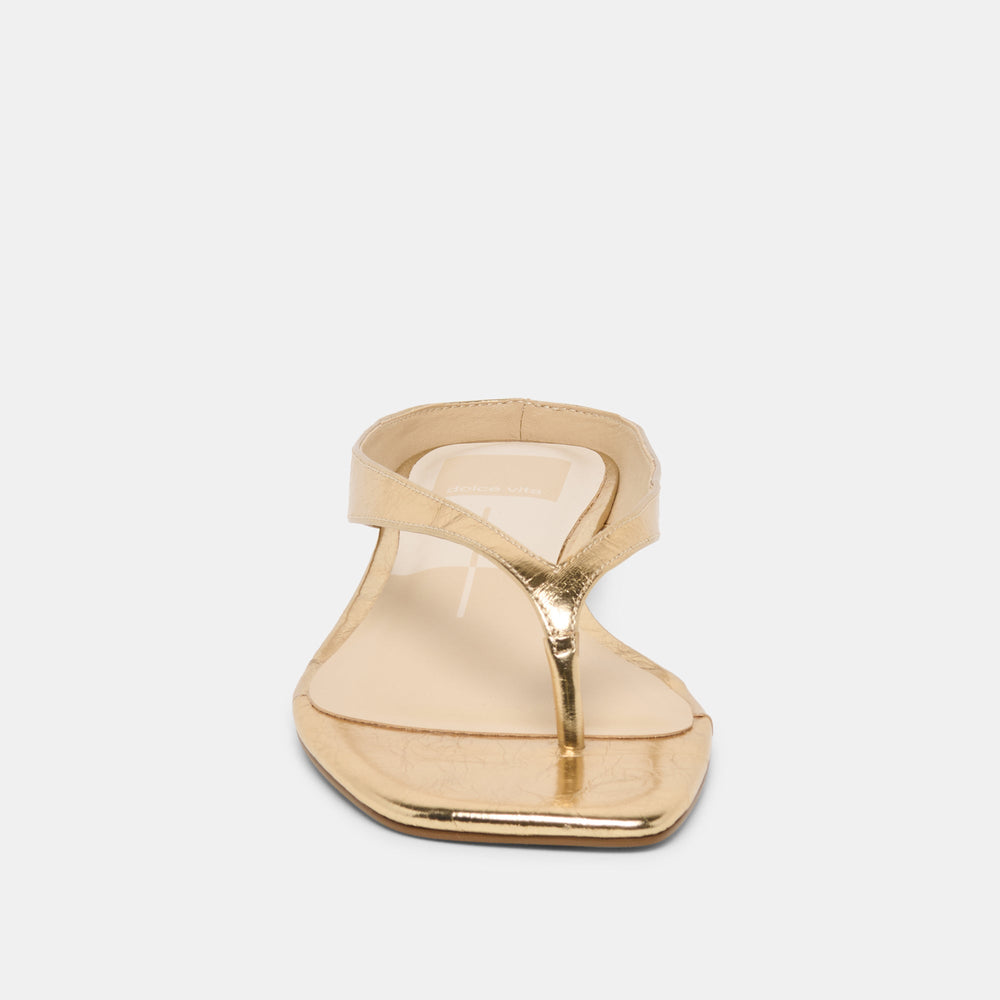 GIZEL Gold Crinkle Patent Thong Square-Toe Sandals / Dolce Vita