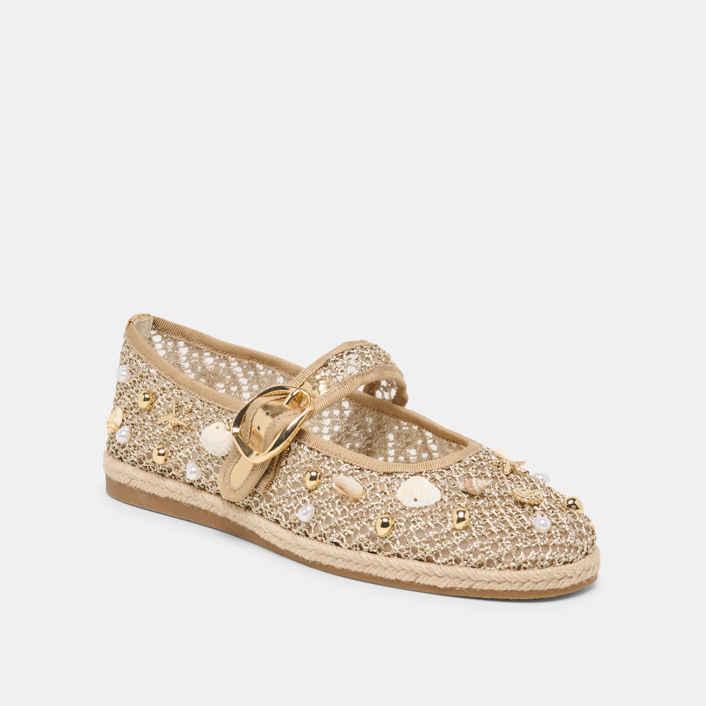 Ralph Gold Beaded Raffia Ballet Flats / Dolce Vita