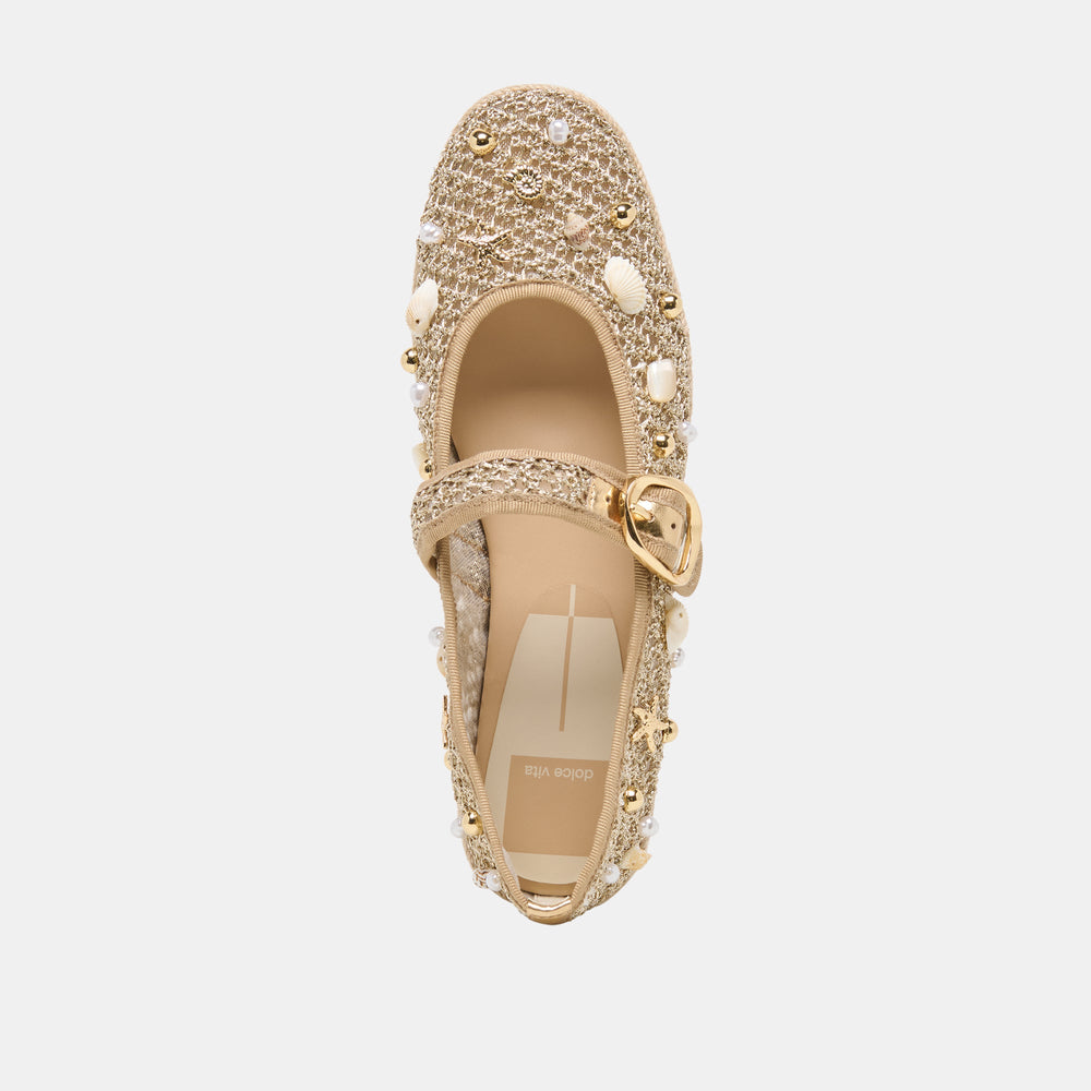 Ralph Gold Beaded Raffia Ballet Flats / Dolce Vita