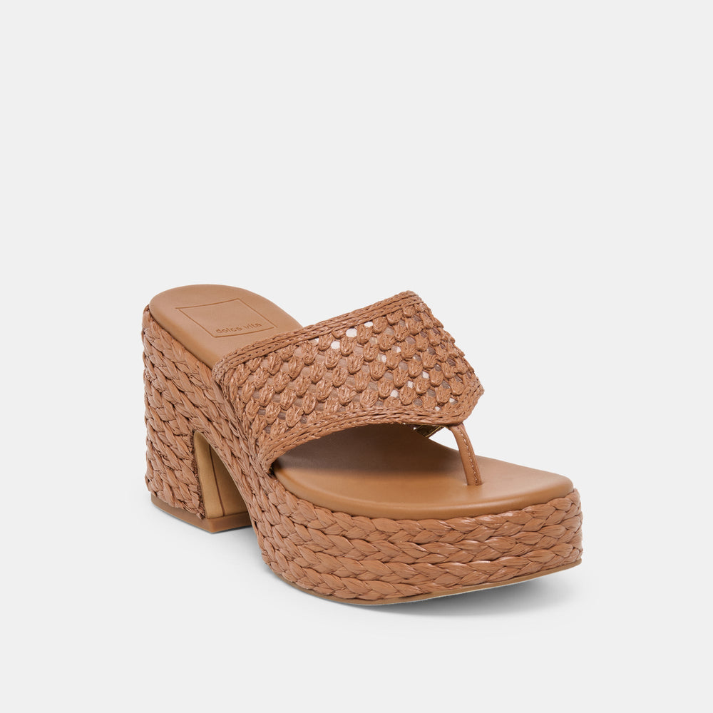 RIPPLE Mid Brown Raffia Platform Thong Block Heel / Dolce Vita