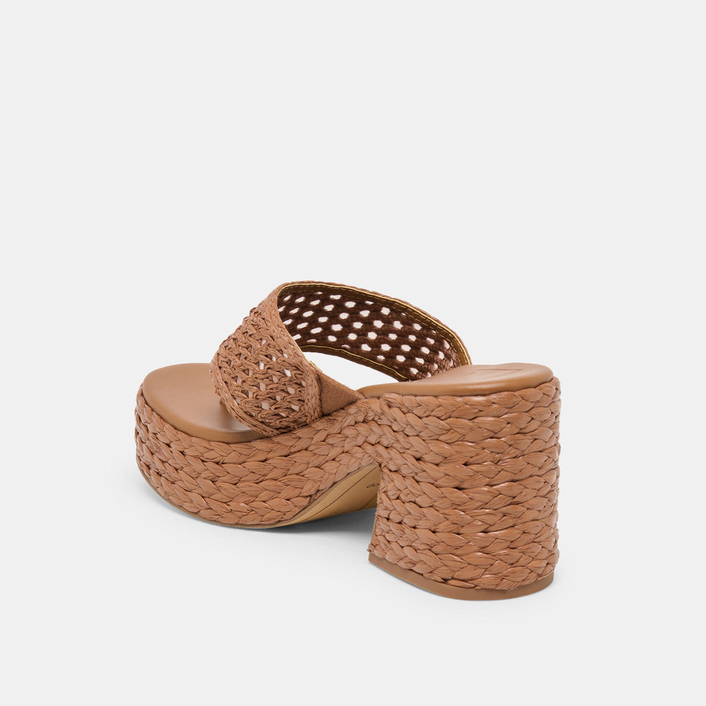 RIPPLE Mid Brown Raffia Platform Thong Block Heel / Dolce Vita