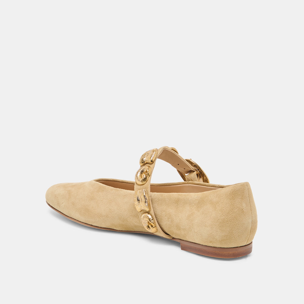LOREE Desert Taupe Suede Mary-Jane Metal Detail Ballet Flats / Dolce Vita