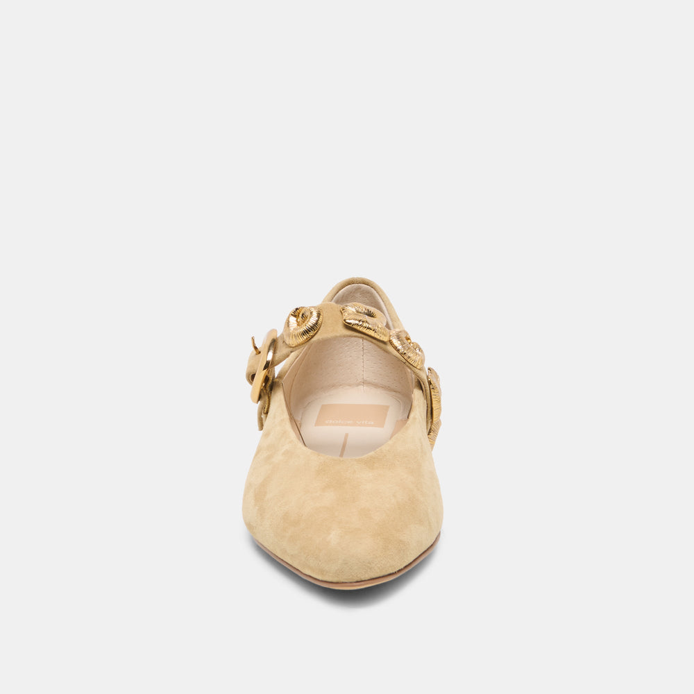 LOREE Desert Taupe Suede Mary-Jane Metal Detail Ballet Flats / Dolce Vita