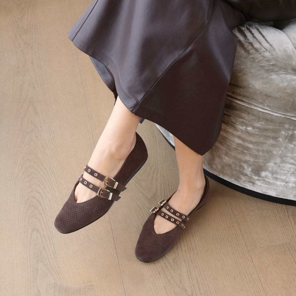 Baylee Grommet Dk Brown Perforated Suede Ballet Flats / Dolce Vita