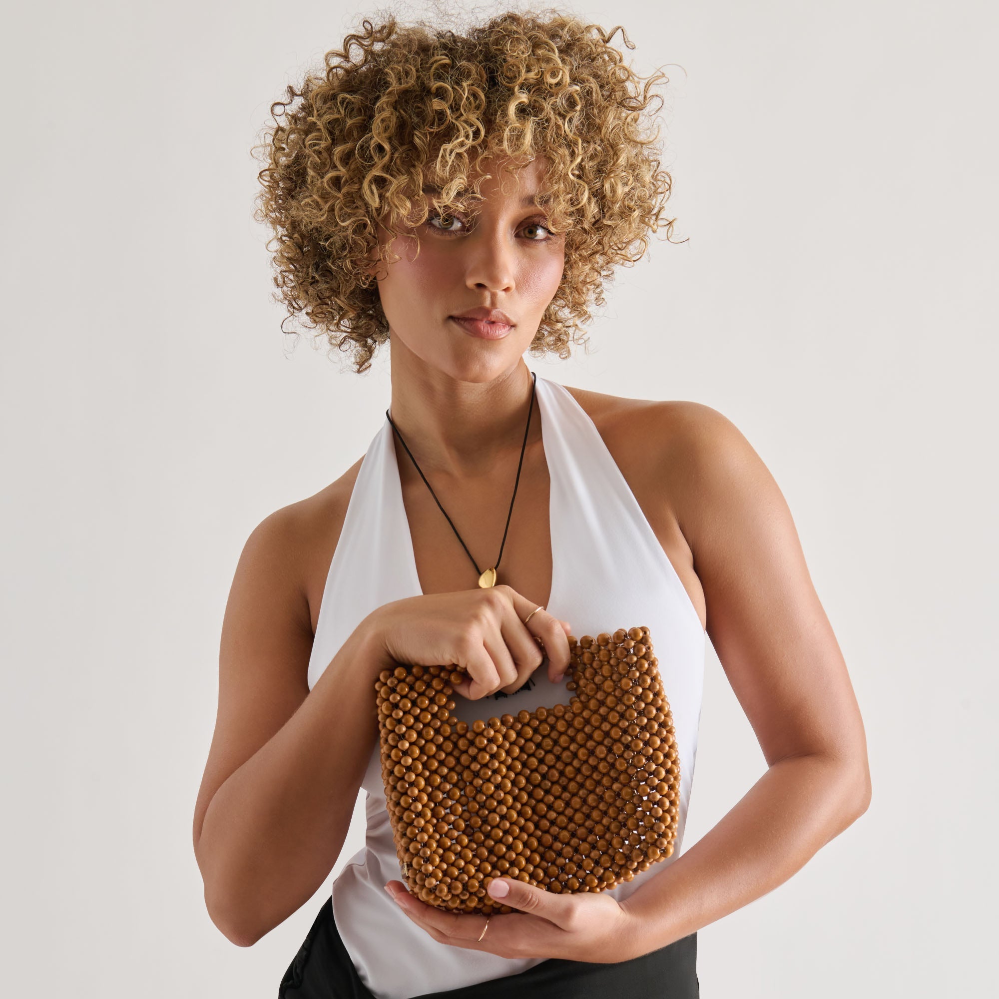 LINZY Natural Wood Top-Handle Handbag with Crossbody Strap / Dolce Vita