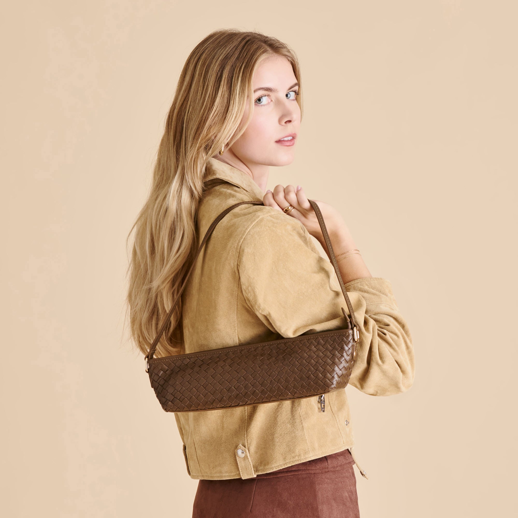 Savaii Brown Woven Leather Shoulder Bag / Dolce Vita