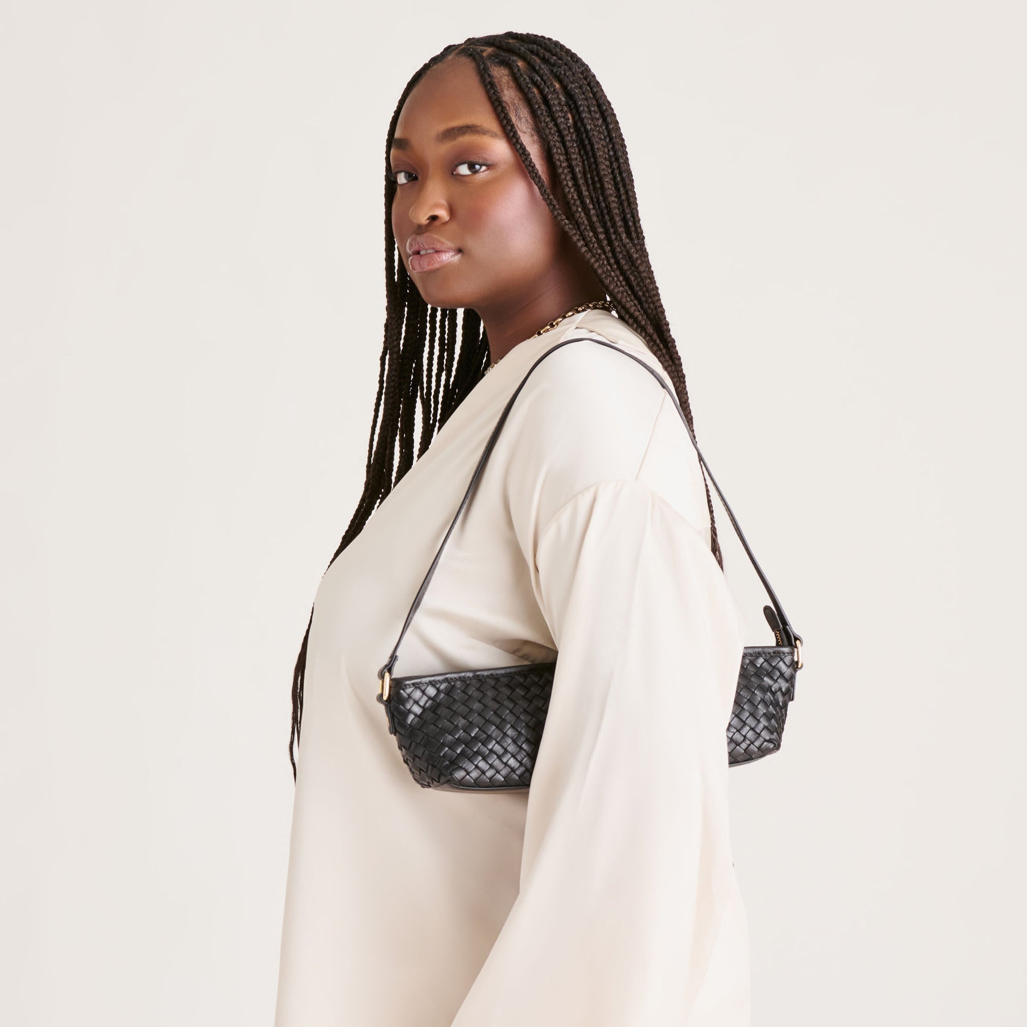 Savaii Black Woven Leather Shoulder Bag / Dolce Vita