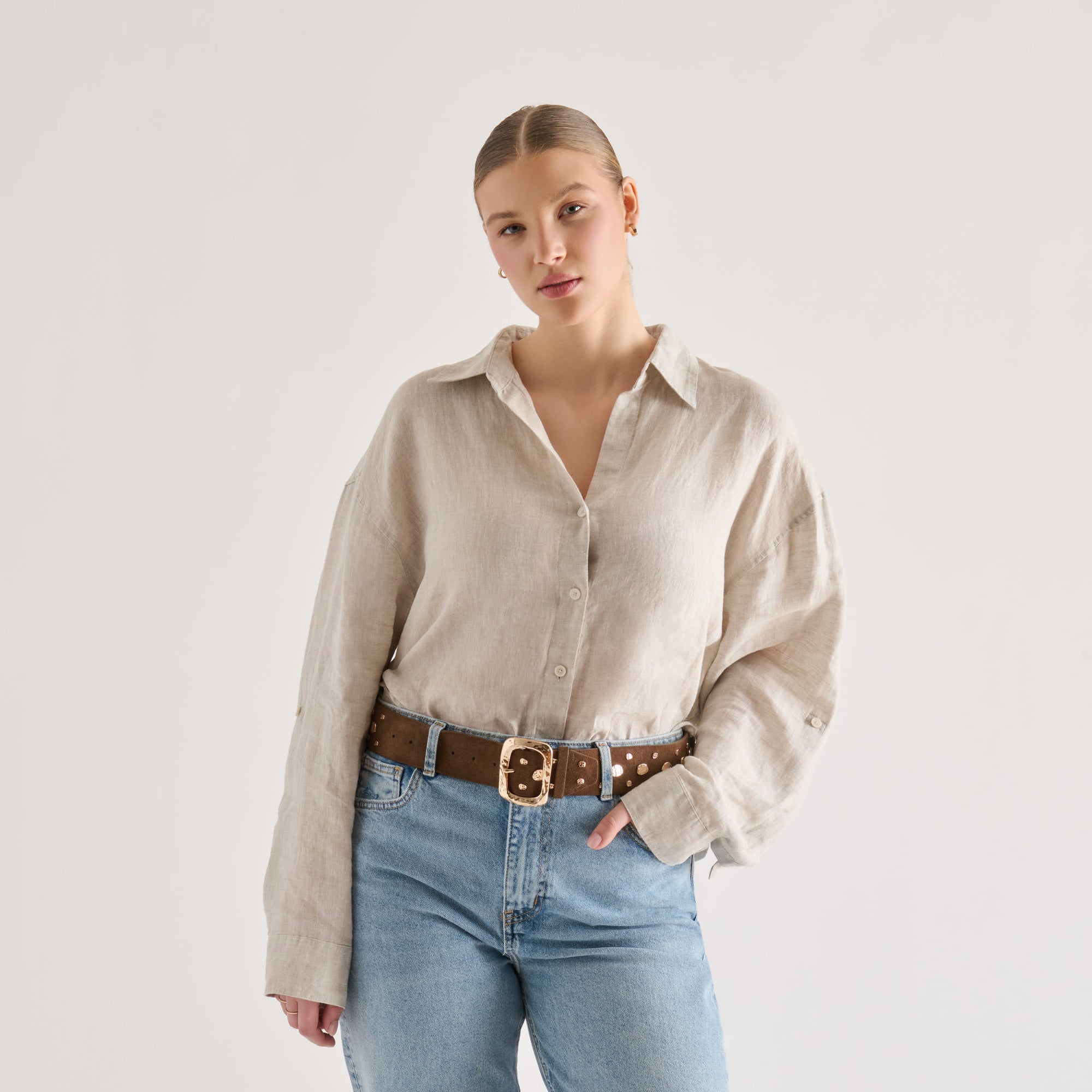 Rectangle Buckle Brown Suede Gold Studded Belt / Dolce Vita