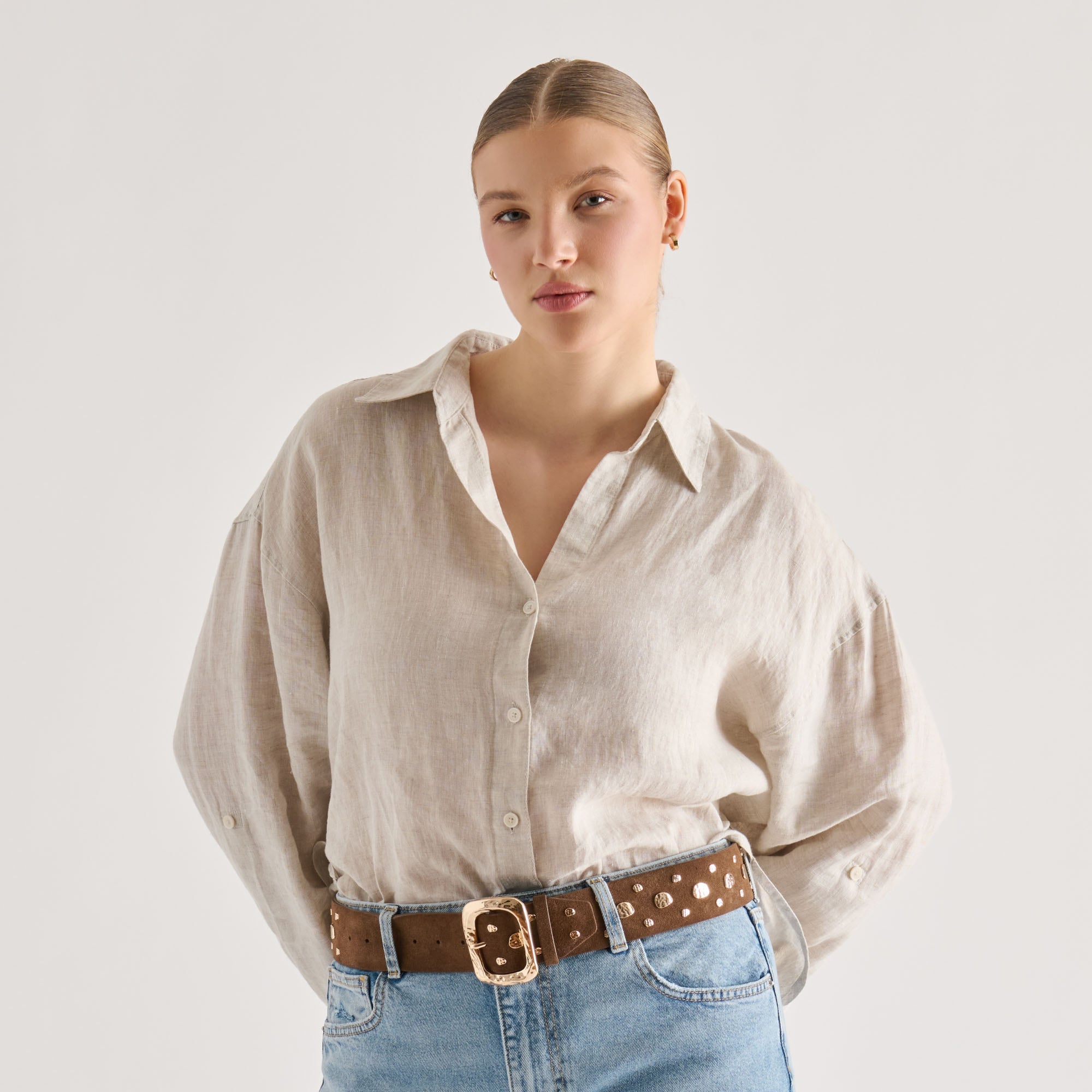 Rectangle Buckle Brown Suede Gold Studded Belt / Dolce Vita