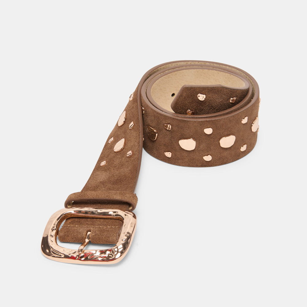 Rectangle Buckle Brown Suede Gold Studded Belt / Dolce Vita