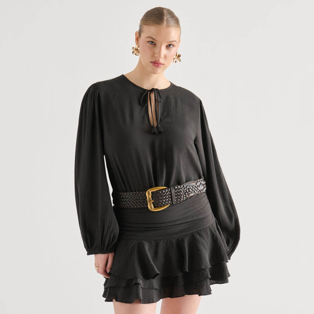 Western Espresso Woven Leather Belt with Silver Buckle / Dolce Vita
