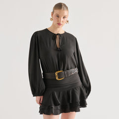 Western Espresso Woven Leather Belt with Silver Buckle / Dolce Vita