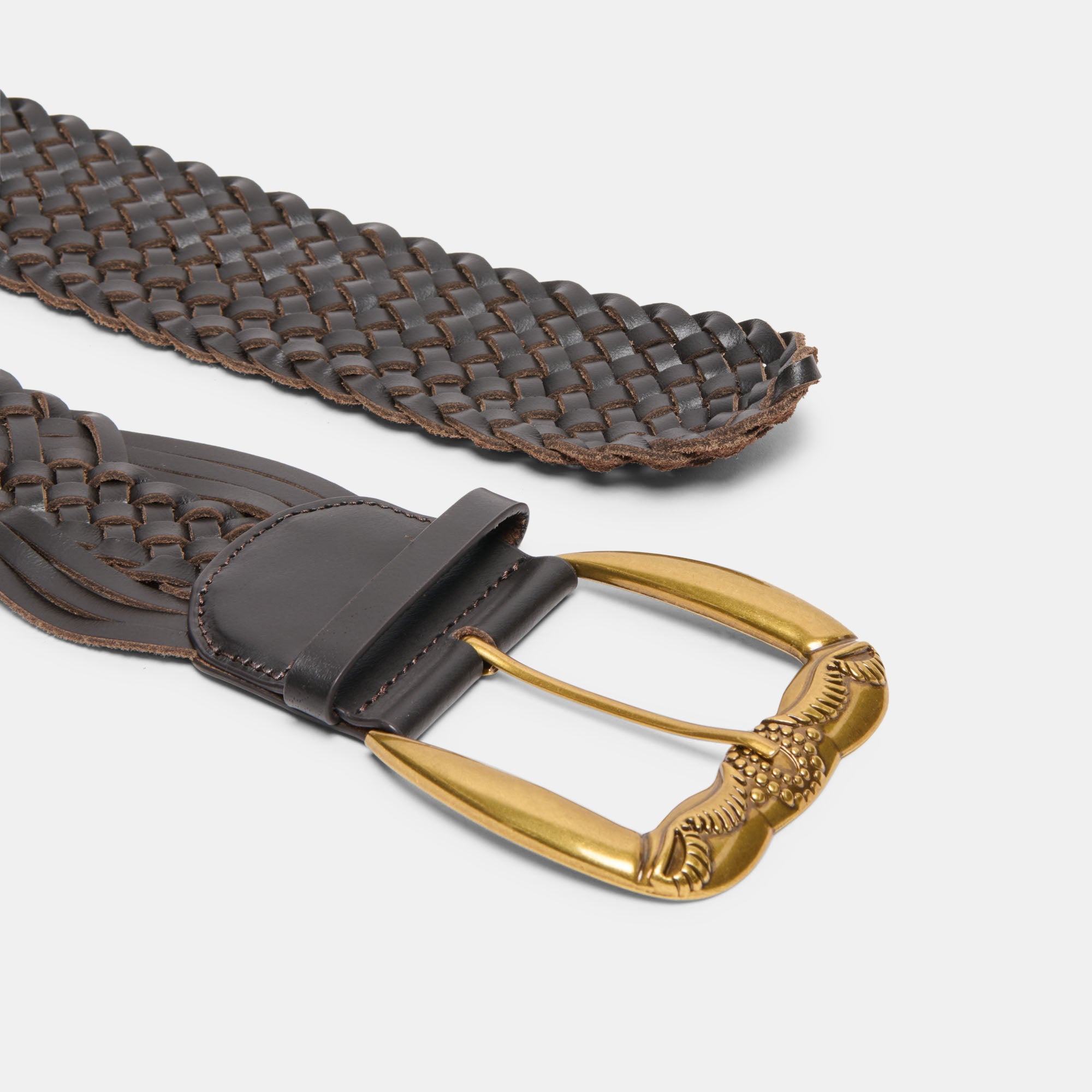Western Espresso Woven Leather Belt with Silver Buckle / Dolce Vita