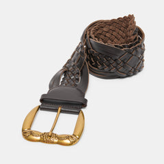 Western Espresso Woven Leather Belt with Silver Buckle / Dolce Vita
