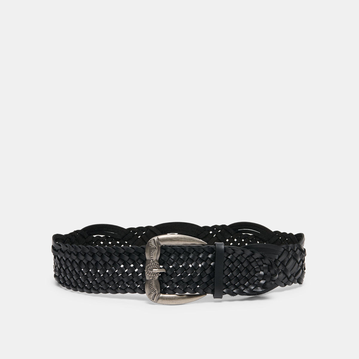 Western Black Woven Leather Belt with Silver Buckle / Dolce Vita
