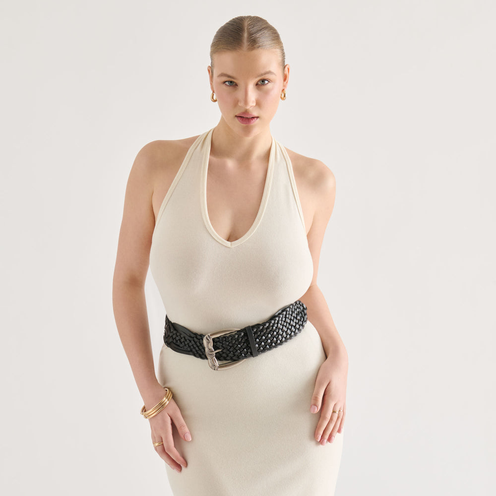 Western Black Woven Leather Belt with Silver Buckle / Dolce Vita