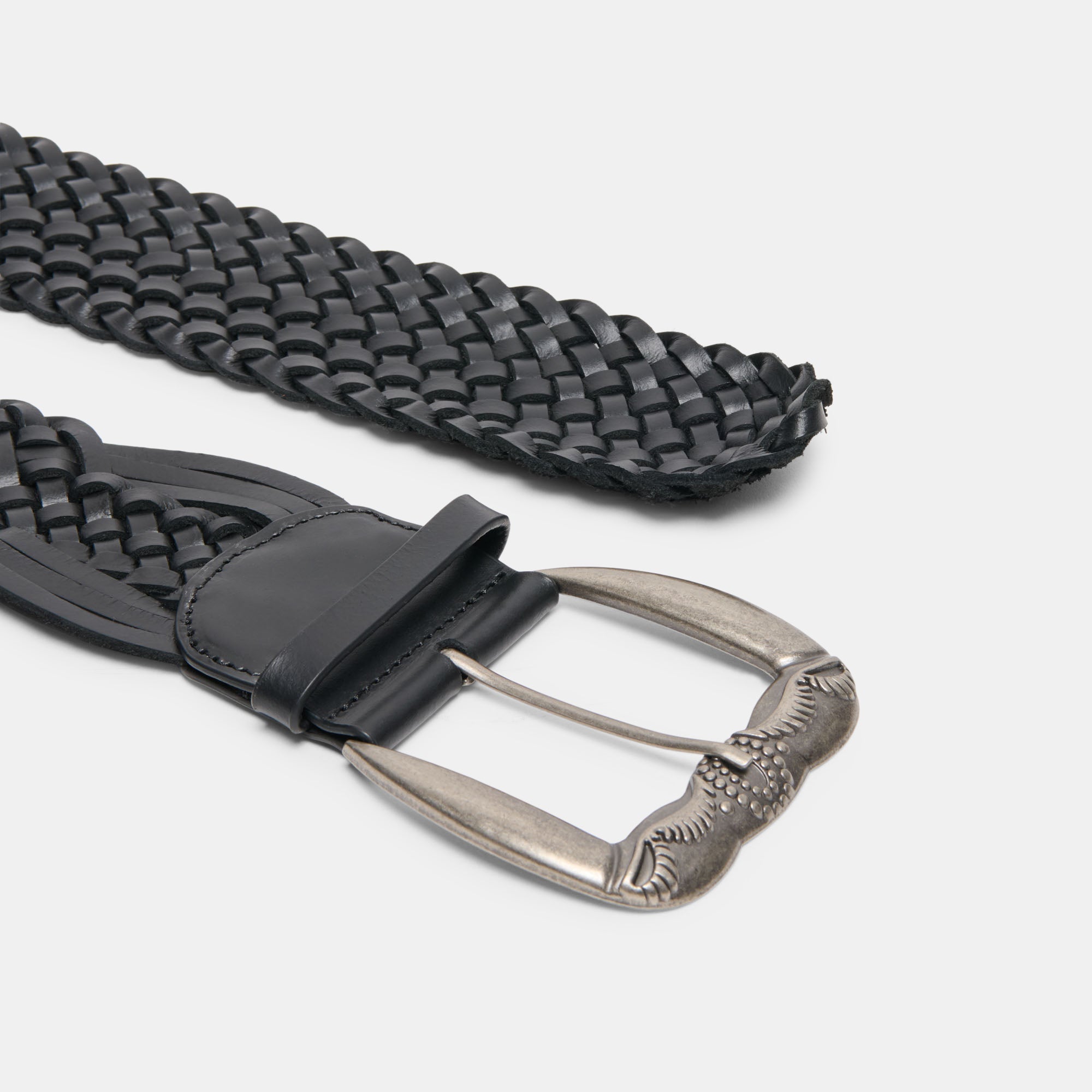Western Black Woven Leather Belt with Silver Buckle / Dolce Vita