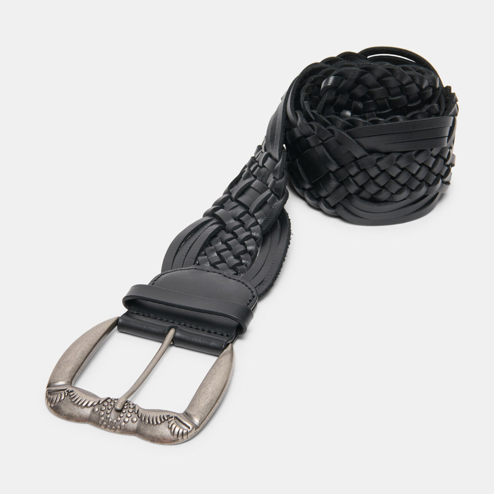 Western Black Woven Leather Belt with Silver Buckle / Dolce Vita