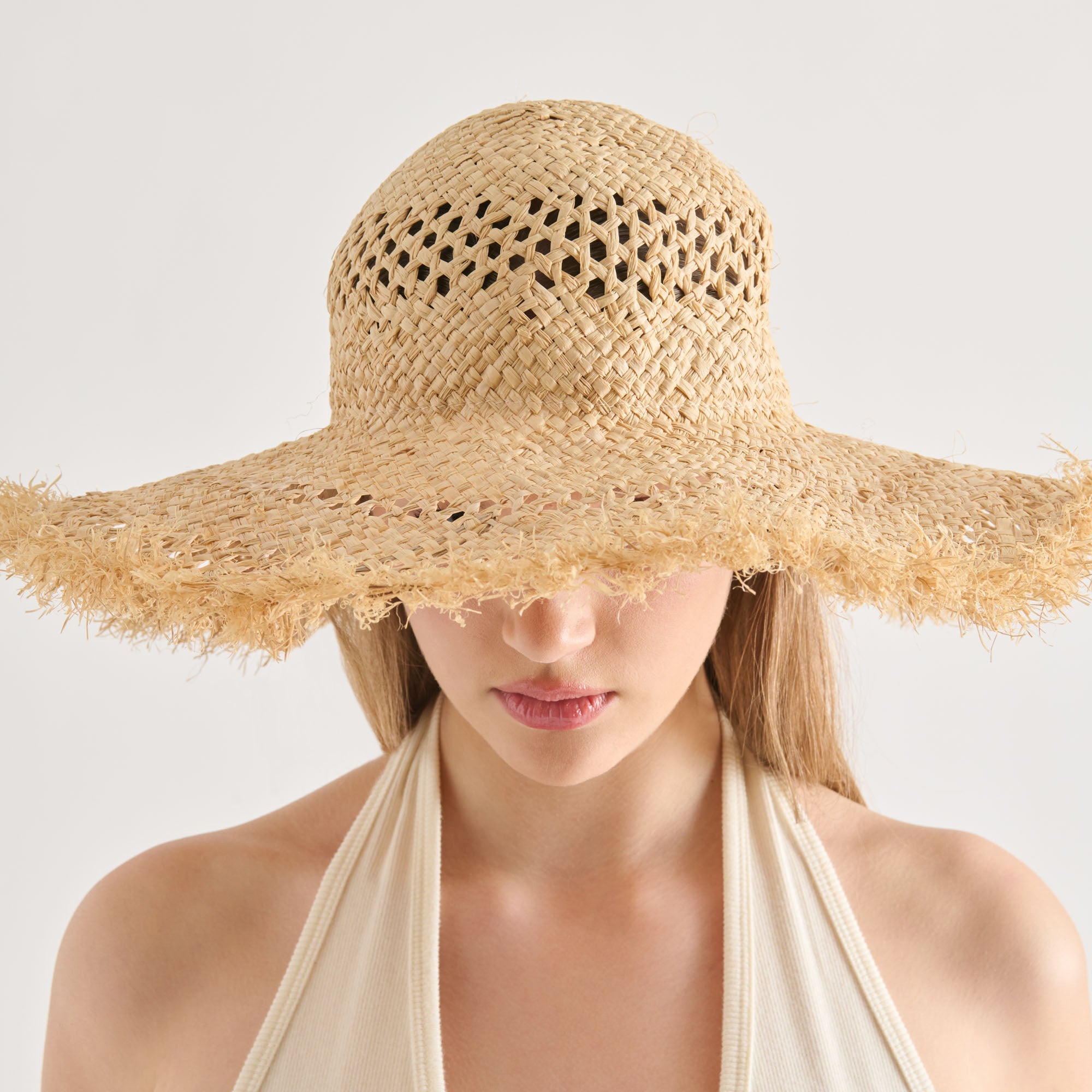 Open Weave Tan Sunhat with Frayed Edge / Dolce Vita