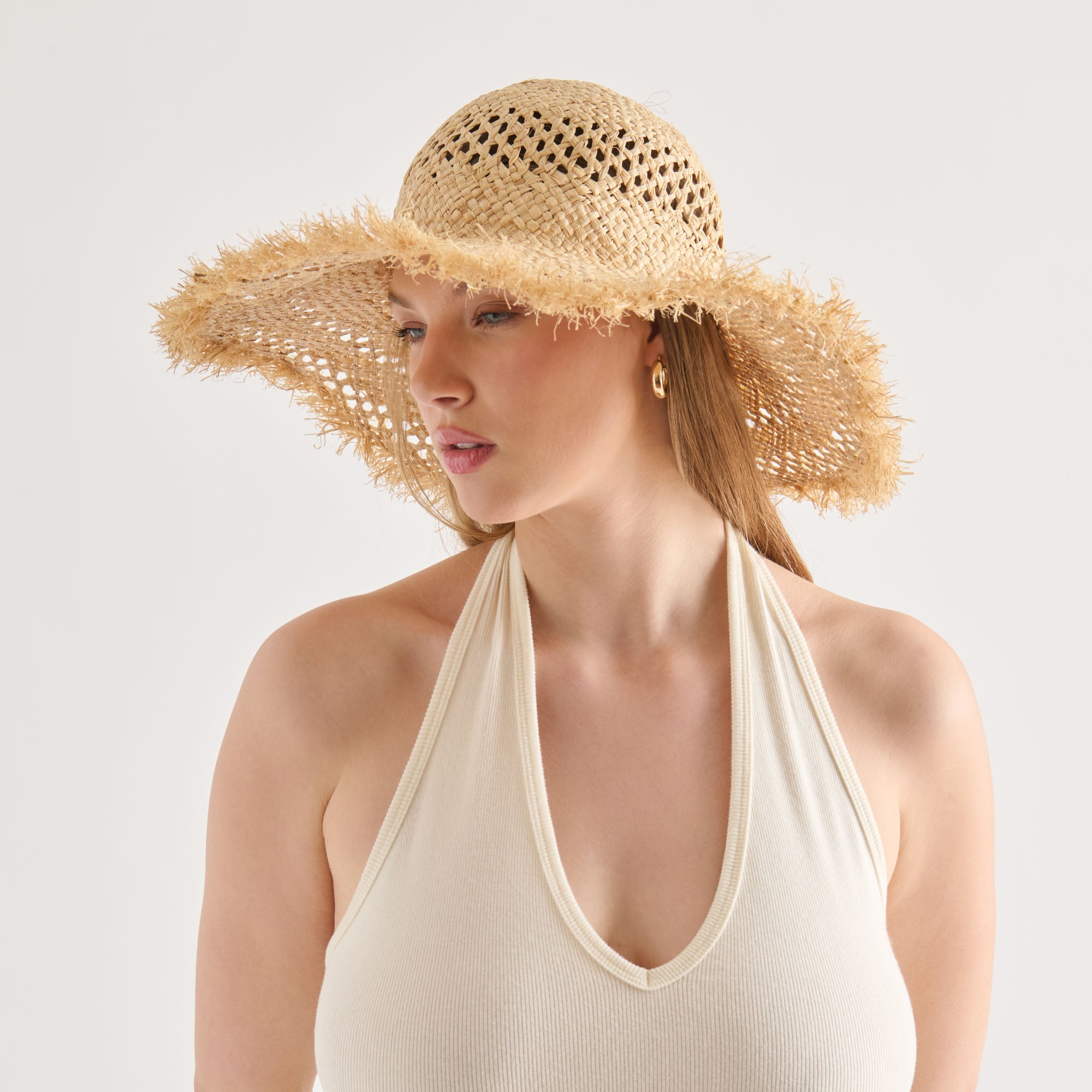 Open Weave Tan Sunhat with Frayed Edge / Dolce Vita