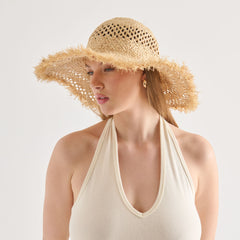 Open Weave Tan Sunhat with Frayed Edge / Dolce Vita