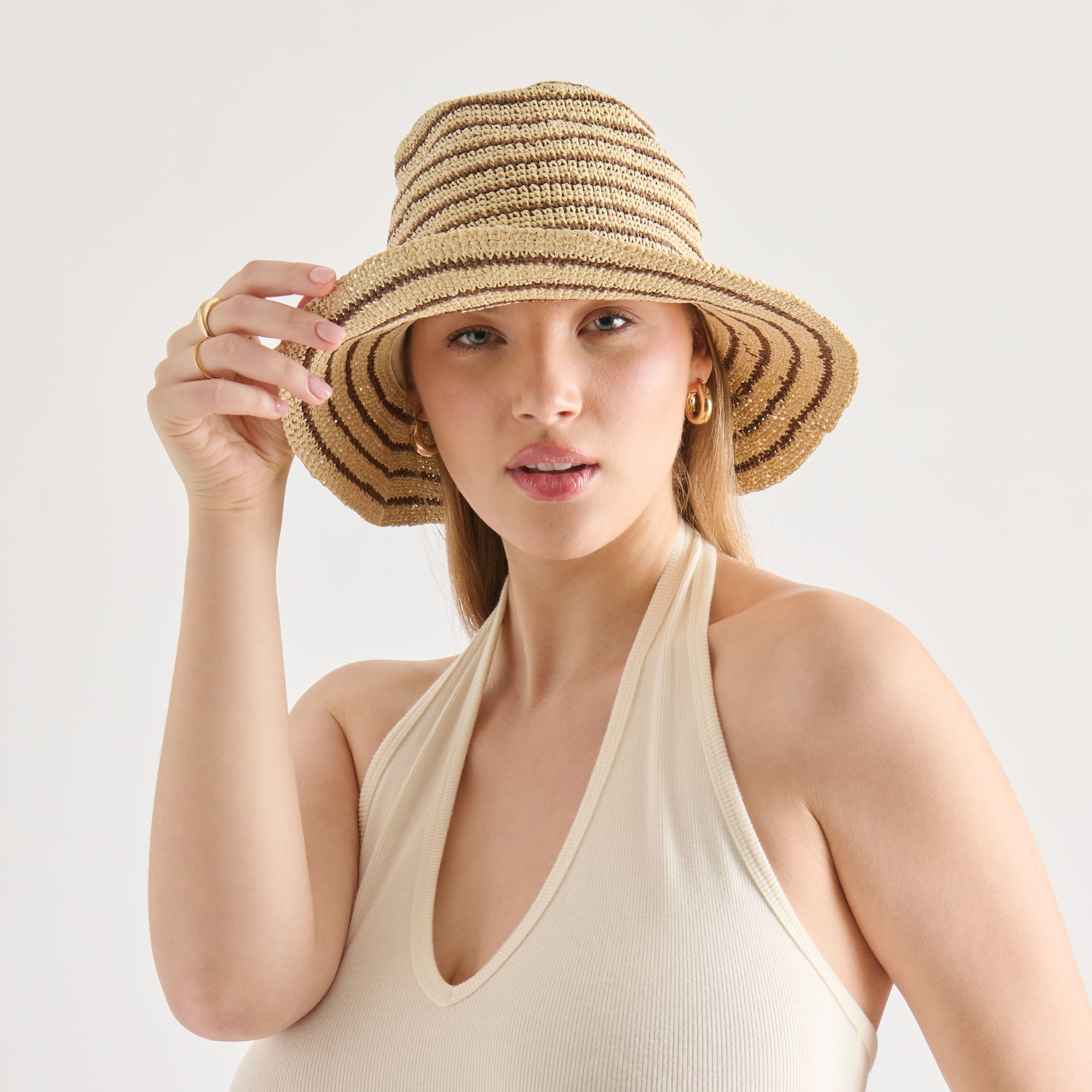 Striped Brown Natural Straw Cloche / Dolce Vita