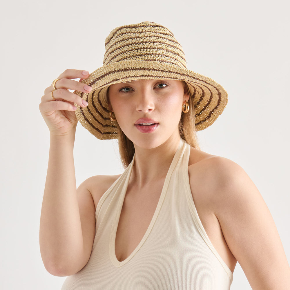 Striped Brown Natural Straw Cloche / Dolce Vita