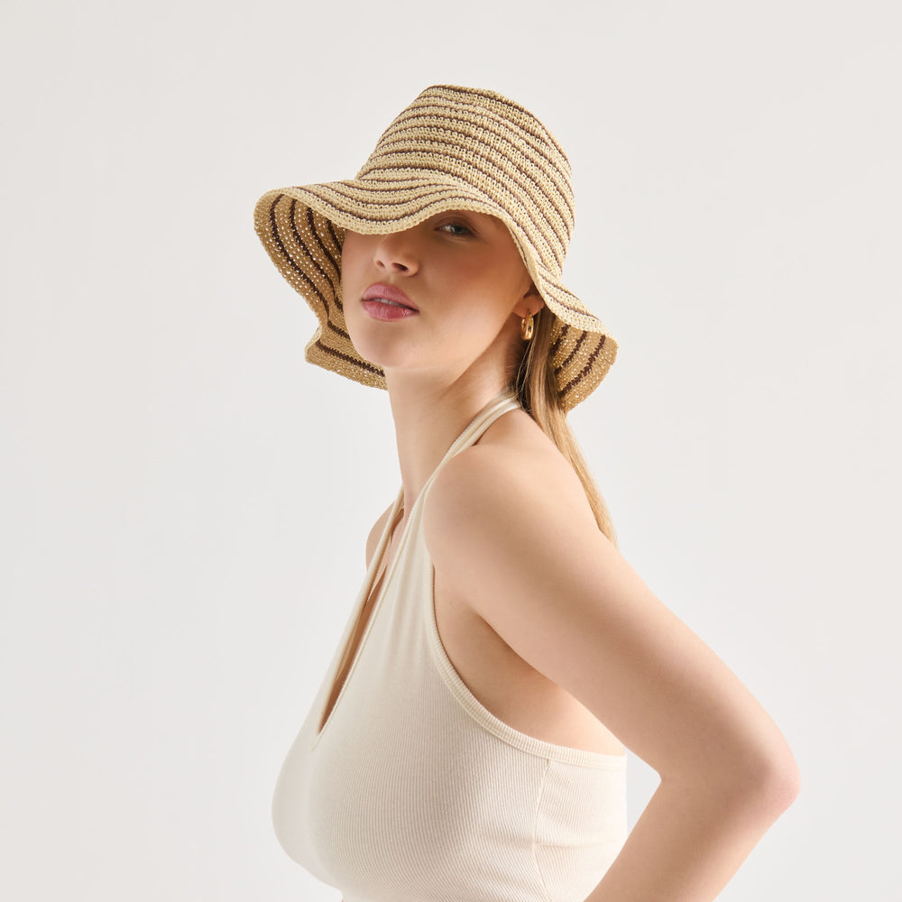 Striped Brown Natural Straw Cloche / Dolce Vita