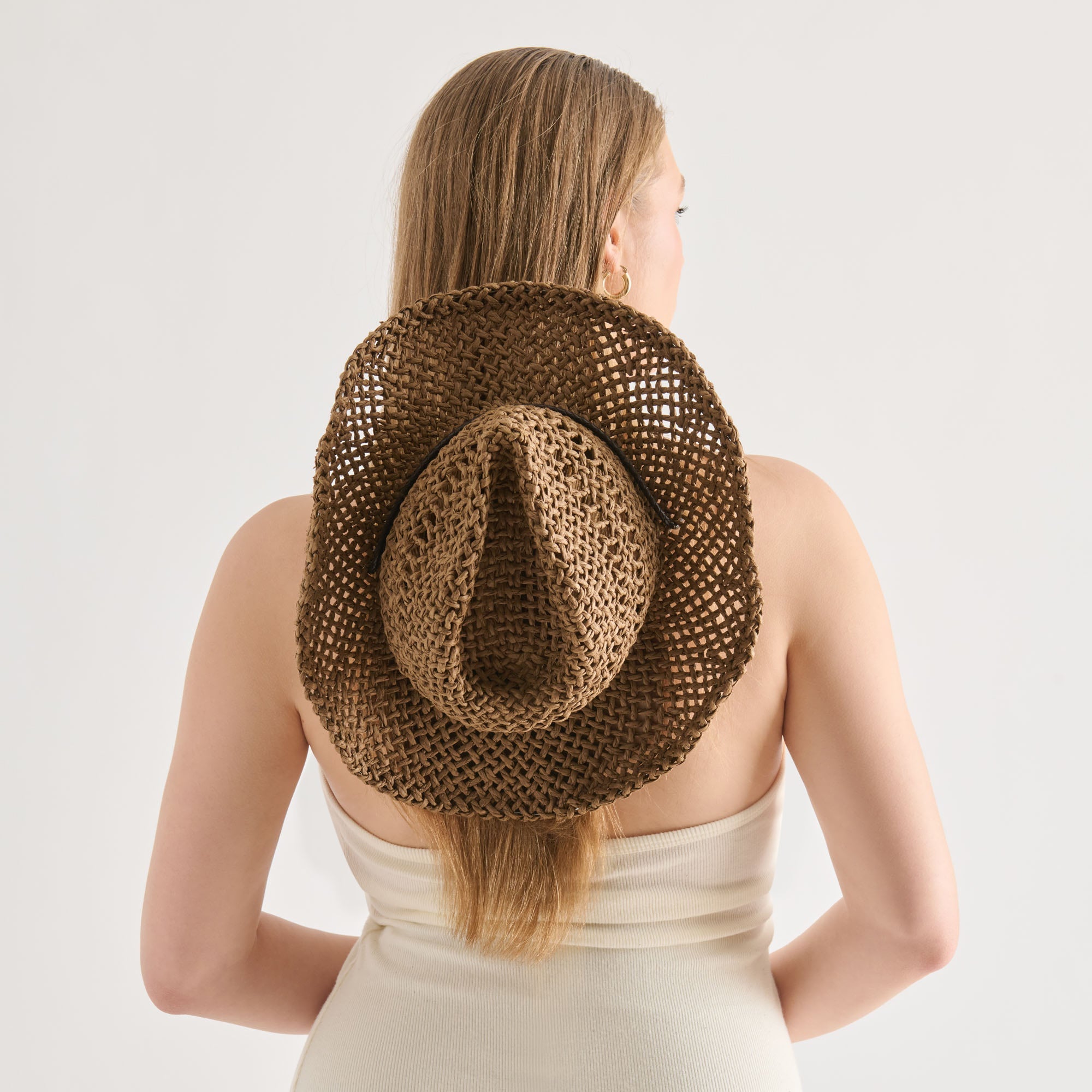 Thick Weave Dark Brown Cowboy Hat with Strap / Dolce Vita