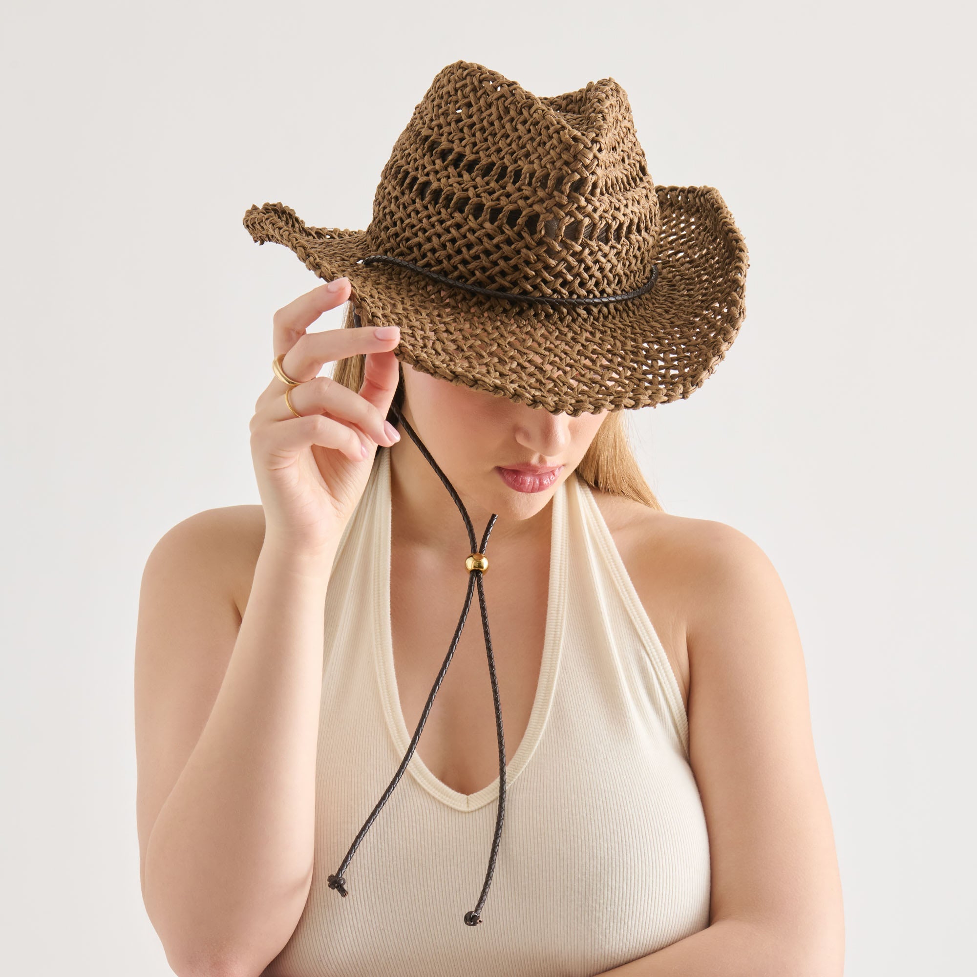 Thick Weave Dark Brown Cowboy Hat with Strap / Dolce Vita