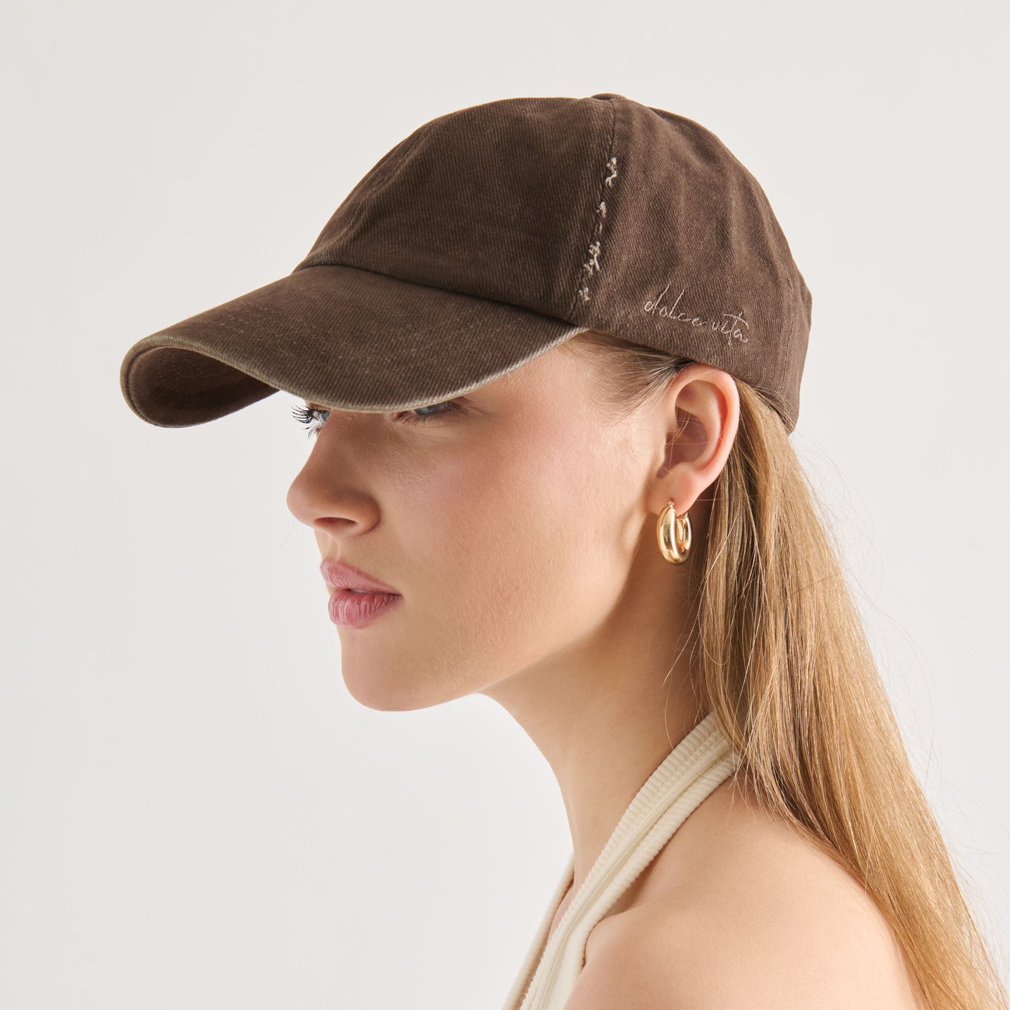 Distressed Dark Brown Baseball Cap with Embroidery / Dolce Vita