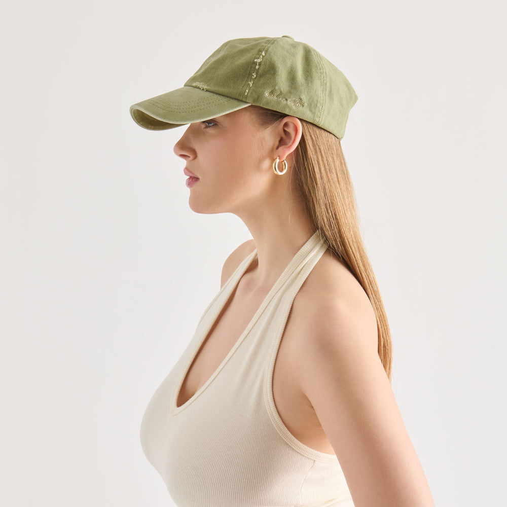 Distressed Olive Baseball Cap with Embroidery / Dolce Vita